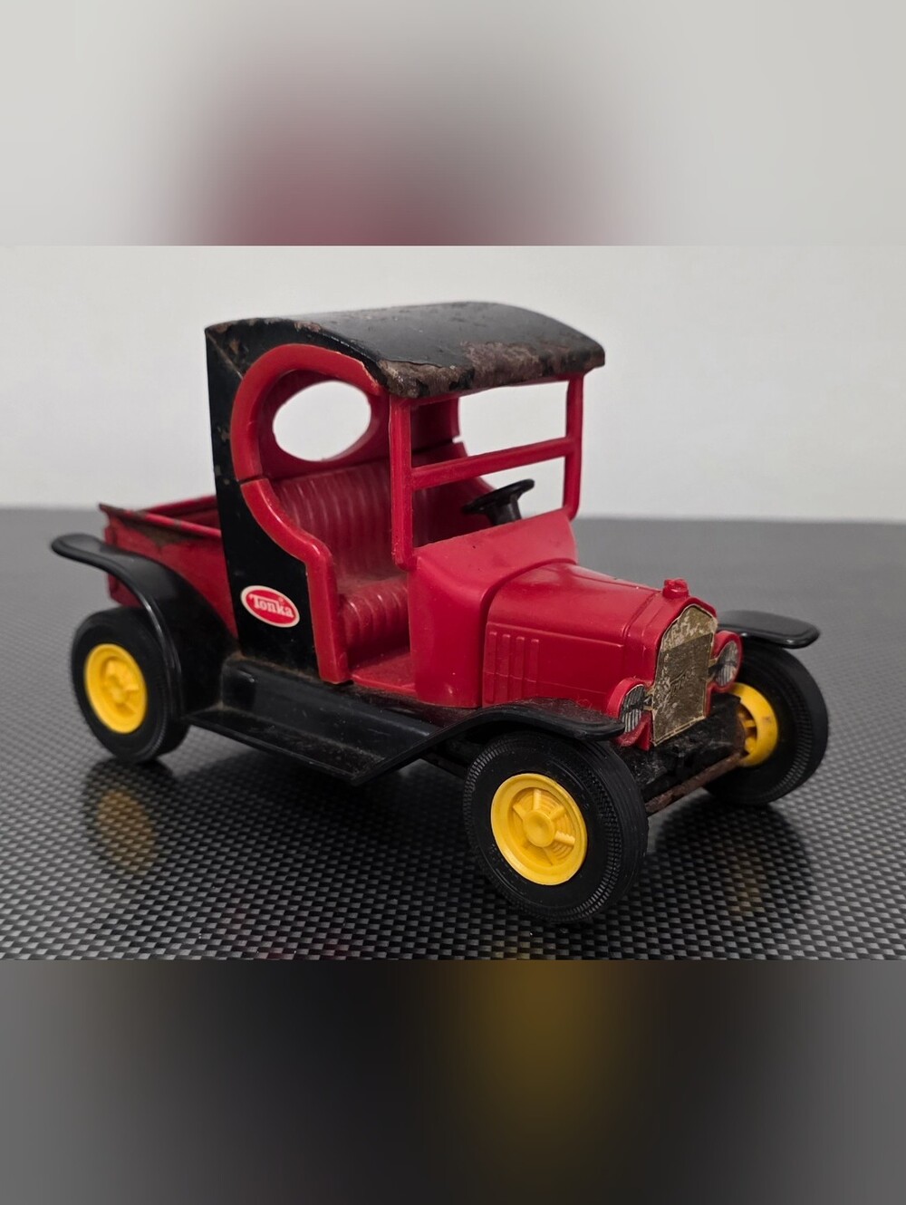 tonka toy model A truck, Red metal with black top and running boards